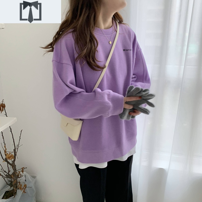 suntek2020秋冬新款韩版紫色圆领卫衣女宽松bf慵懒风oversize上衣百搭