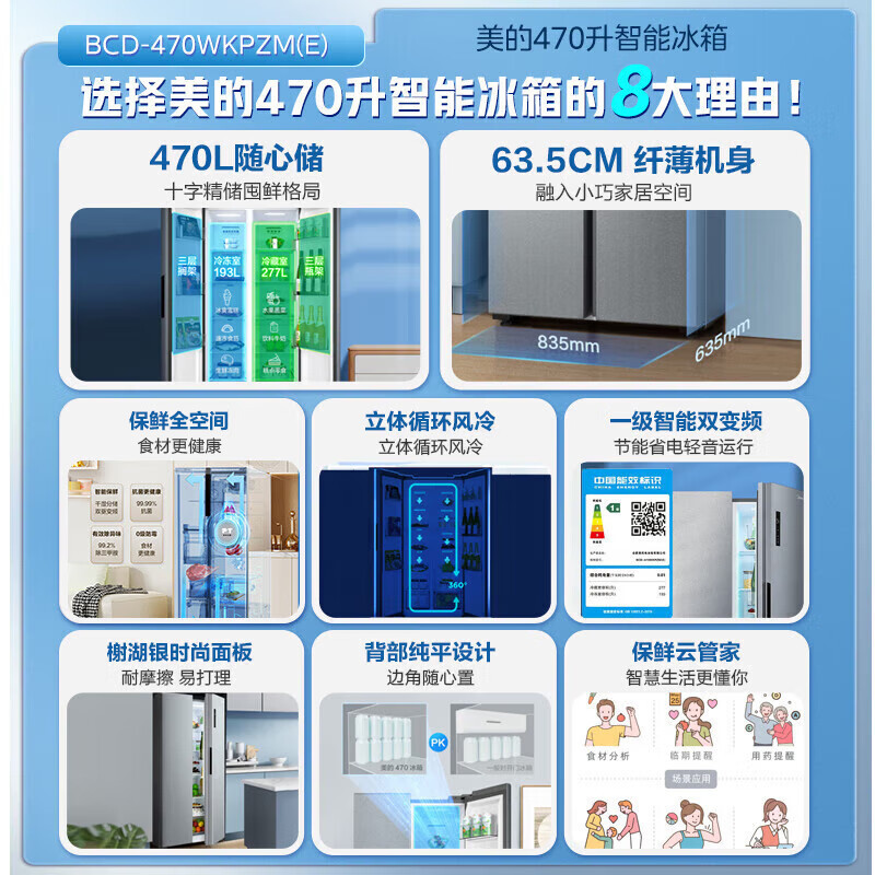 [官方正品]美的470升变频一级对开门冰箱家用家电节能无霜超薄冰箱BCD-470WKPZM(E)榭湖银 以旧换新