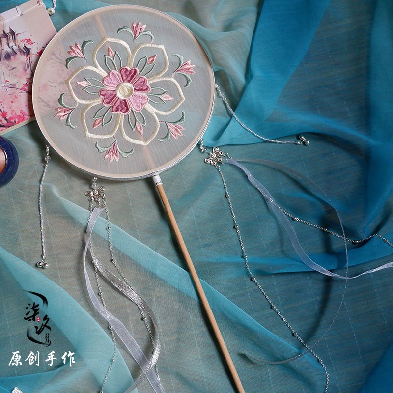 手工古风扇子跳舞蹈 长柄刺绣花团扇中国风汉服成品流苏宫扇 三维工匠 星月黑(裸扇)送小流苏