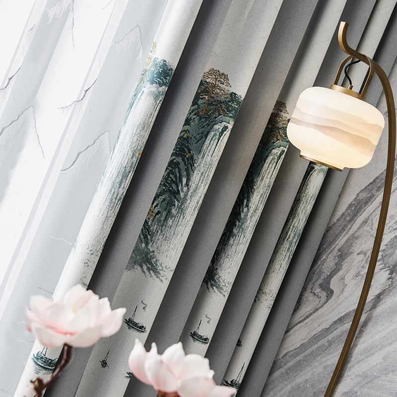 中式窗帘遮光客厅山水画卧室飘窗帘水墨画挂钩新中式棉麻新款古风窗帘