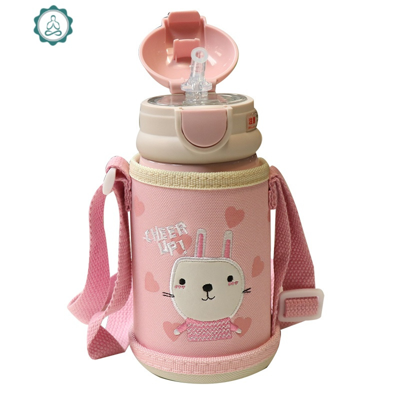 可爱兔子小学生保温杯女儿童保温背带水壶双盖便携316不锈钢水杯封后