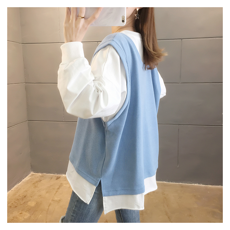 SUNTEK秋冬新款减龄假两件马甲卫衣女加大码女装上衣女200斤外套女宽松t外套短外套