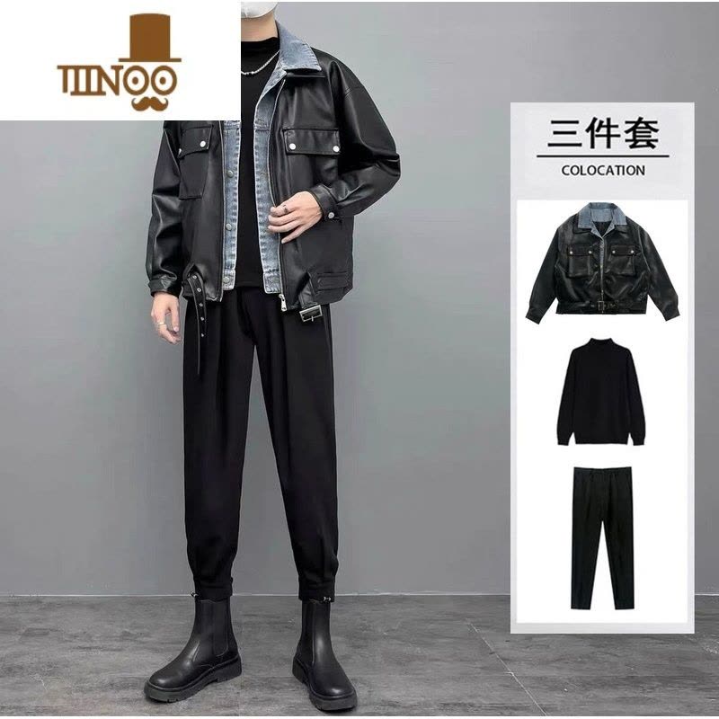 YANXU假PU皮衣外套男新款潮牌宽松牛仔夹克痞帅感休闲套装图片