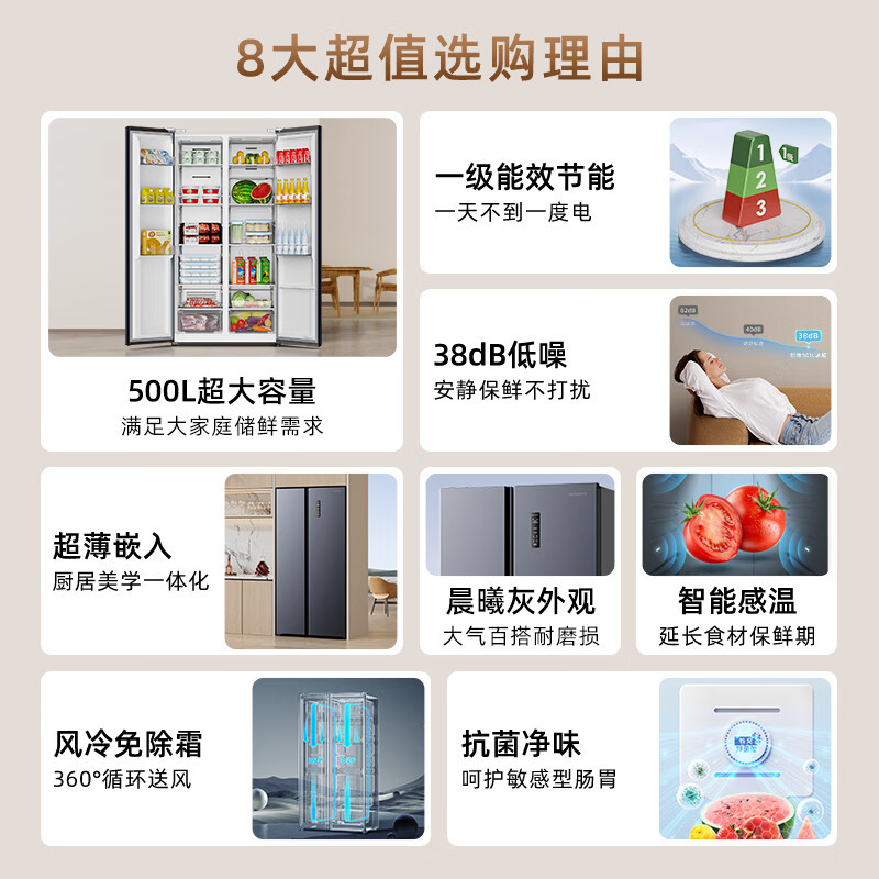 创维(Skyworth)500升冰箱风冷无霜对开门一级能效双变频大容量净味节能家用电冰箱WK50APS(N)_晨曦灰