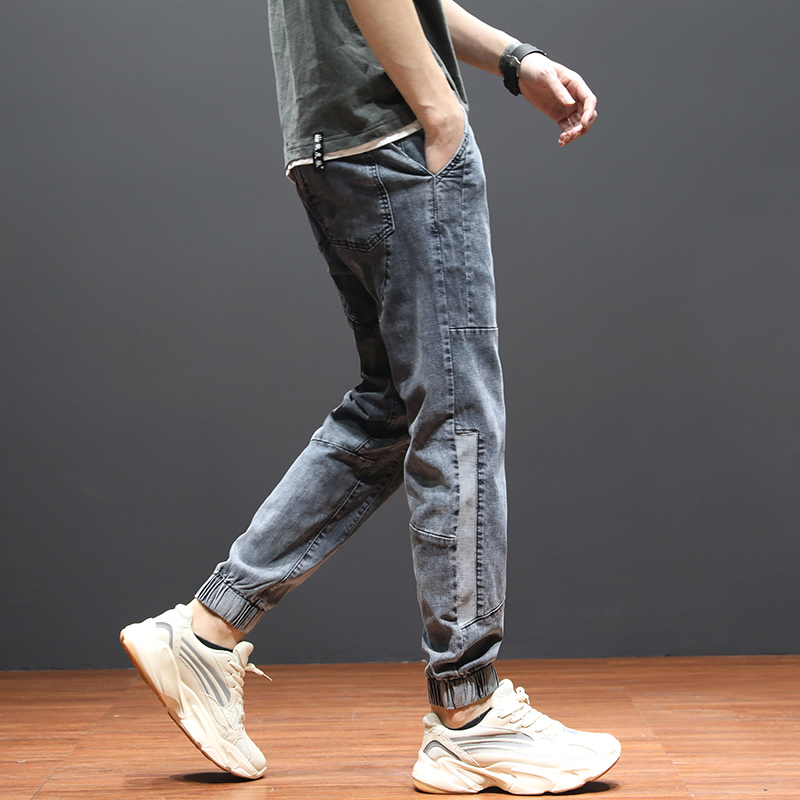 yuansu抽绳牛仔裤男松紧潮牌束脚裤男弹力宽松小脚男裤大码男士哈伦裤