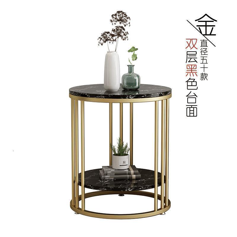 森美人北欧沙发大理石边几角几小茶几边角柜轻奢铁艺金属床头柜收纳客厅 直径50高55【双层黑白根+金色架】