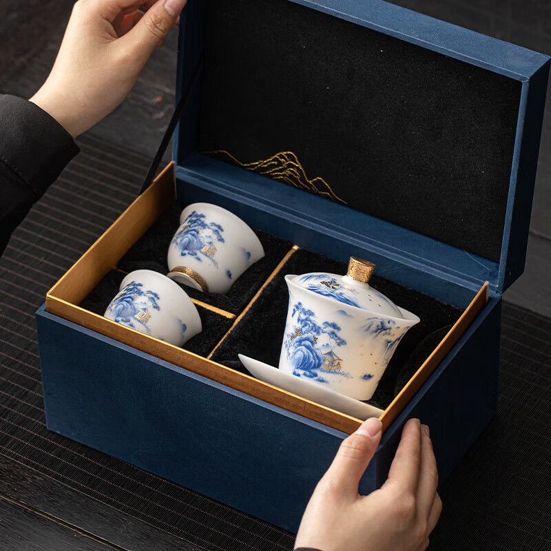 苏氏陶瓷/SUSHI CERAMICS J1053 翠山迎客图盖碗小套装(蓝色) (单位:套)