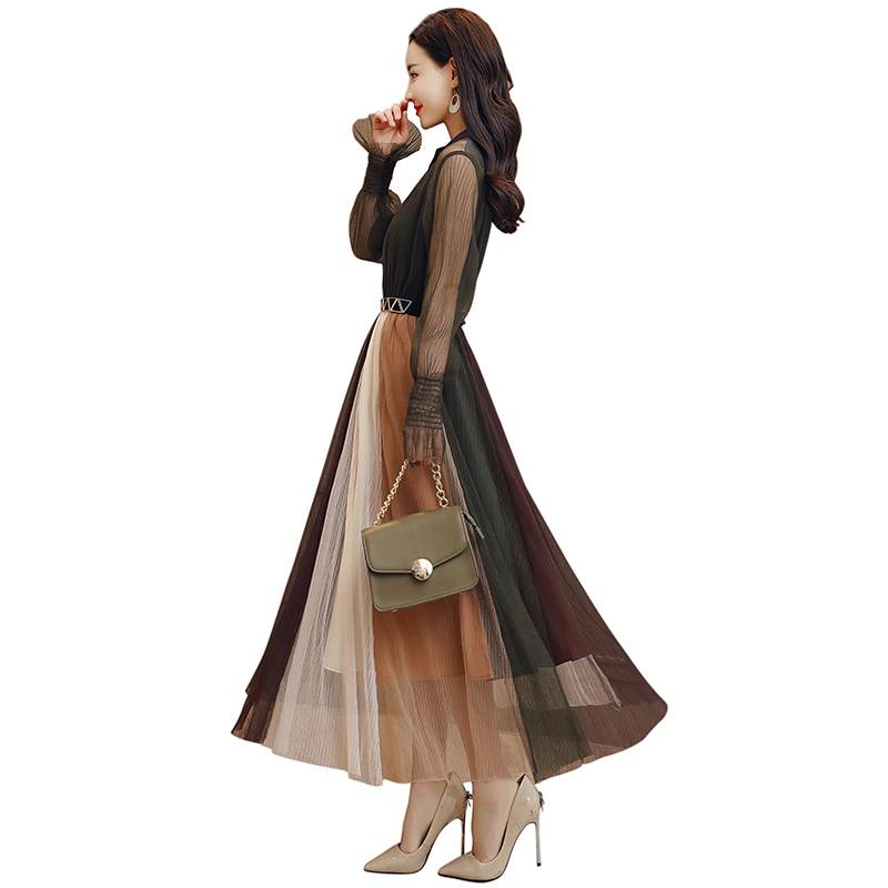 网纱连衣裙仙仙女夏长袖修身雪纺温柔裙显瘦仙女纱裙收腰带长裙