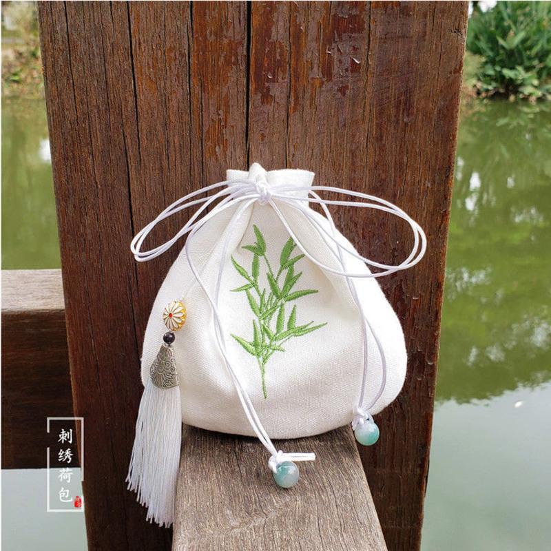 迷你古风竹子刺绣荷包流苏小香包挂件香袋汉服古装配饰锦囊空袋竹子