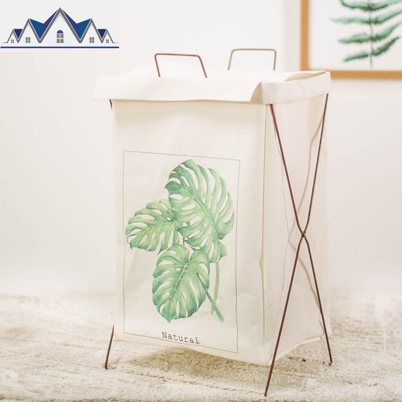 布艺折叠大号脏衣篓装放衣服的篮子玩具收纳桶简约铁艺北欧 三维工匠收纳篮 龟背竹带盖铁架