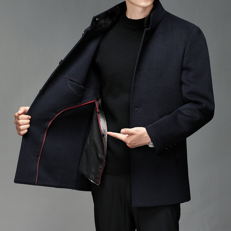 恒源祥水貂毛立领羊毛呢大衣男士外套厚毛内胆商务休闲中年男装衣服
