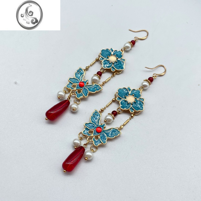 jimi叙旧经典复古仿景泰蓝耳坠古风耳饰汉服首饰复古饰品明制耳夹