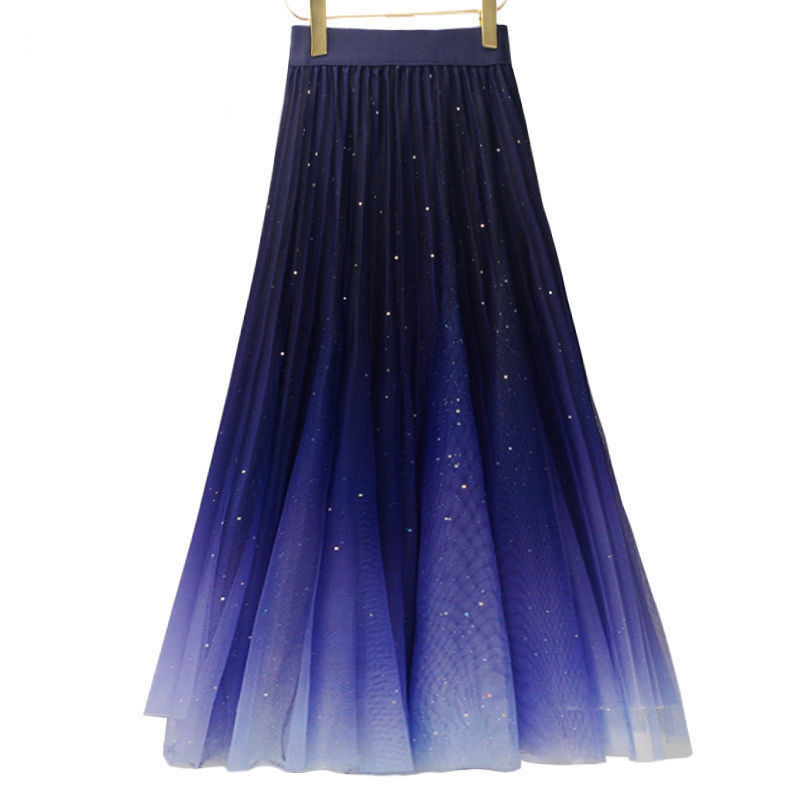 星空渐变色半身裙2021春夏新款仙女高腰亮片中长款网纱大摆裙子潮