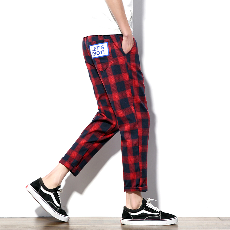 2018夏装日系潮胖大码男士格子休闲裤青少年宽松九分裤韩版小脚裤