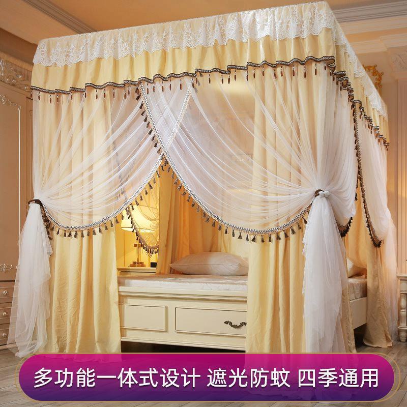 美帮汇床帘蚊帐一体式北欧风遮光帘落地公主床幔家用卧室幔纱带支架 驼色 1.5m（5英尺）床
