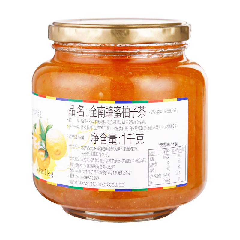 韩国进口 全南 蜂蜜柚子茶1kg 含丰富果肉 冲饮果酱 冷热皆可 包装升级 新老包装随机发货