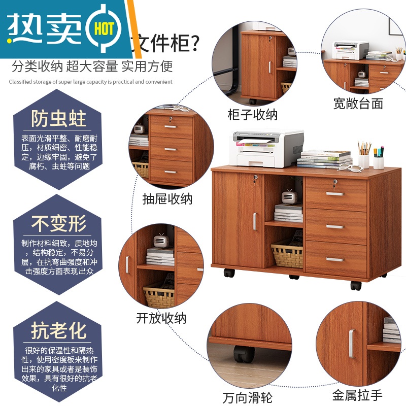 敬平办公室文件柜木质带锁储物柜小柜子移动抽屉柜带轮桌下收纳柜矮柜高清大图
