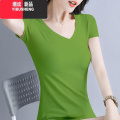 YIBUSHENG女装2023年新款黑色t恤女短袖V领季紧身纯色半袖修S紧B领 3XL131-145斤 绿色V领修身短袖