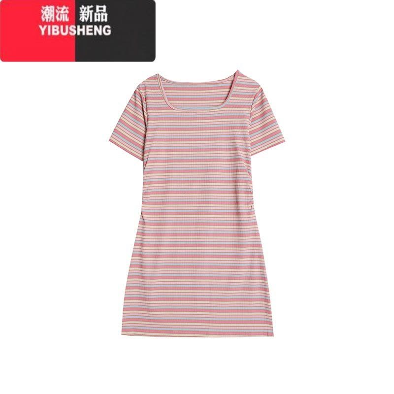 YIBUSHENG法式方领彩虹条纹短袖连衣裙女季新款多巴胺穿搭设计感收腰长裙图片