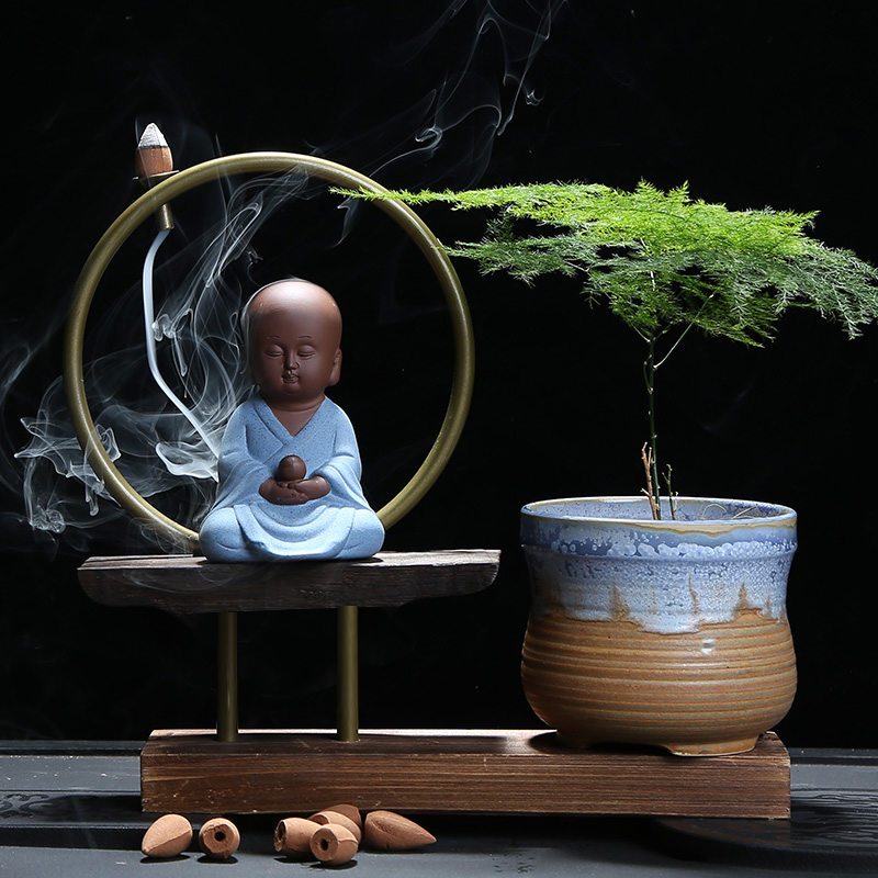 多肉紫砂茶宠摆件精品 可养桌面迷你小和尚禅意迷你茶宠倒流香炉