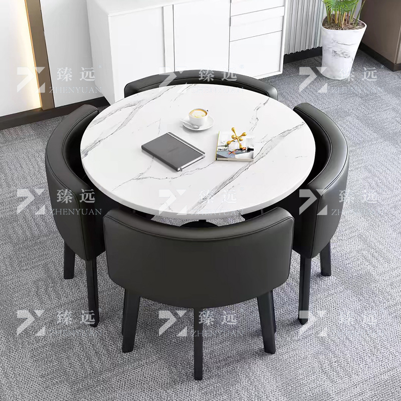 臻远 ZY4100933 简约接待桌椅洽谈桌椅 一桌四椅 白石根圆黑色皮椅高清大图