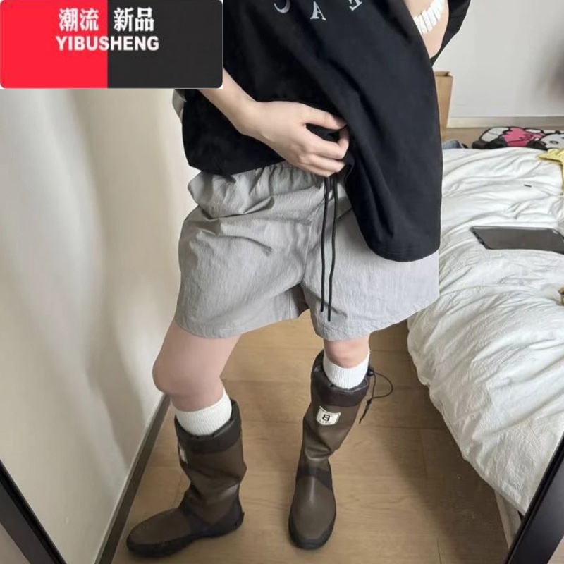 YIBUSHENG国潮牌字母高腰休闲裤女季宽松阔腿原宿风学院休闲百搭五分裤潮高清大图