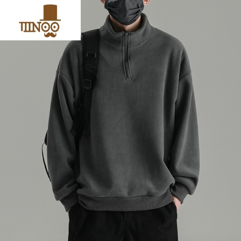 YANXU半拉链高领奥粒绒卫衣男日系复古纯色加绒厚外套双面绒上衣高清大图