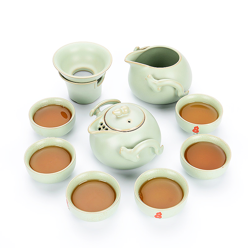 尚帝 shangdi 整套茶具陶瓷功夫汝窑茶具可养开片套装蝉翼纹茶壶公道杯茶杯 巧云壶10入礼盒装