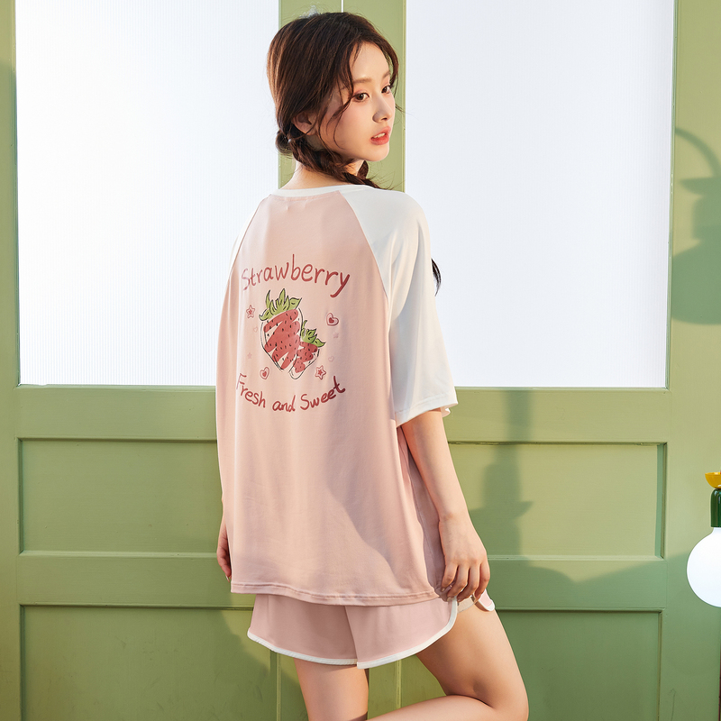 唐狮睡裙夏季女款2024新款插肩袖草莓甜美睡衣女可外穿家居服套装_7425 S 皮粉套装