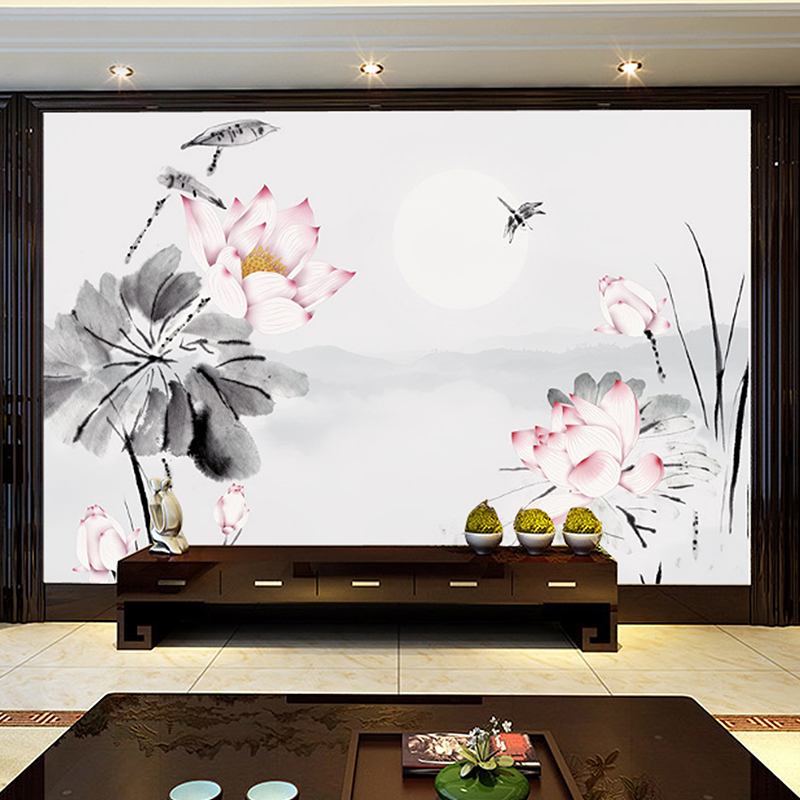 8d电视背景墙壁纸3d新中式墙布壁画客厅沙墨荷花无缝定制壁布