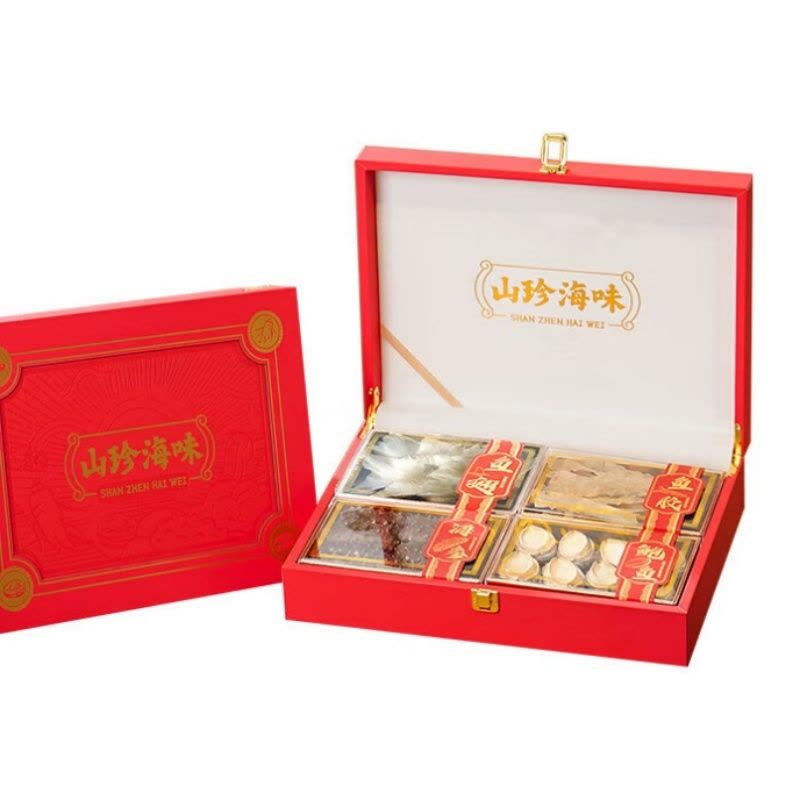 首鲜码头干海鲜礼盒海味过节送礼海参鲍鱼鱼胶干贝过节送礼礼品四季平安四拼红色礼盒海参鱼胶180g图片