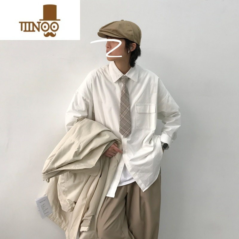 YANXU几物jiwuus秋季日系复古纯色长袖衬衫男女学院风宽松I白色外套