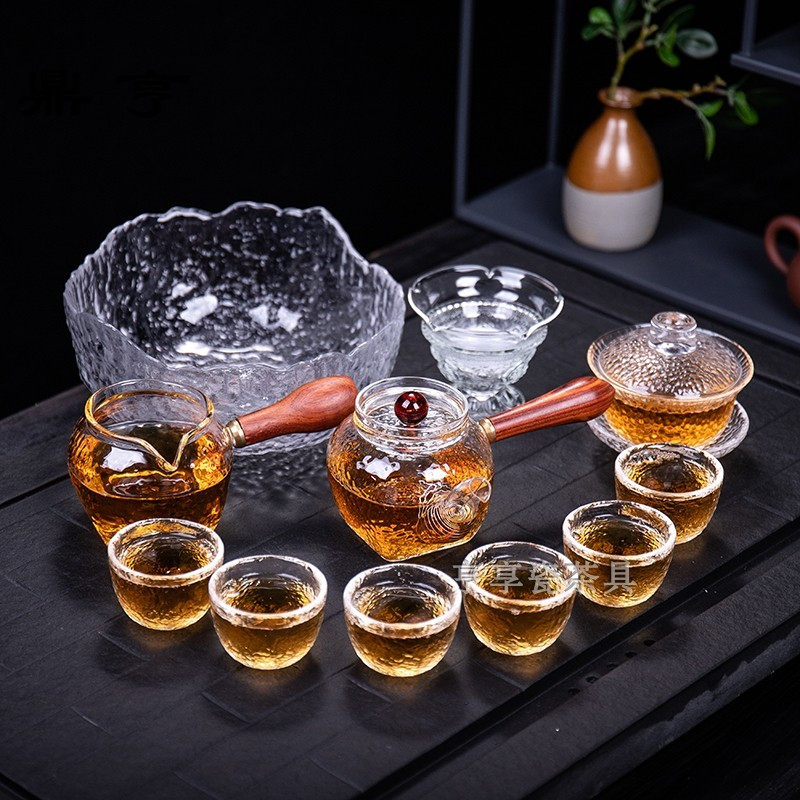 鼎亨日式耐热锤纹玻璃功夫茶具套装家用花茶侧把泡茶壶茶杯红茶冲