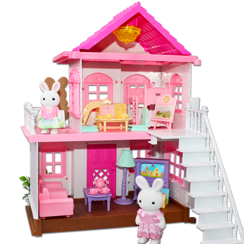 森达儿家族豪华大别墅套装女孩房子小兔子卧室过家家玩具屋场景 粉红