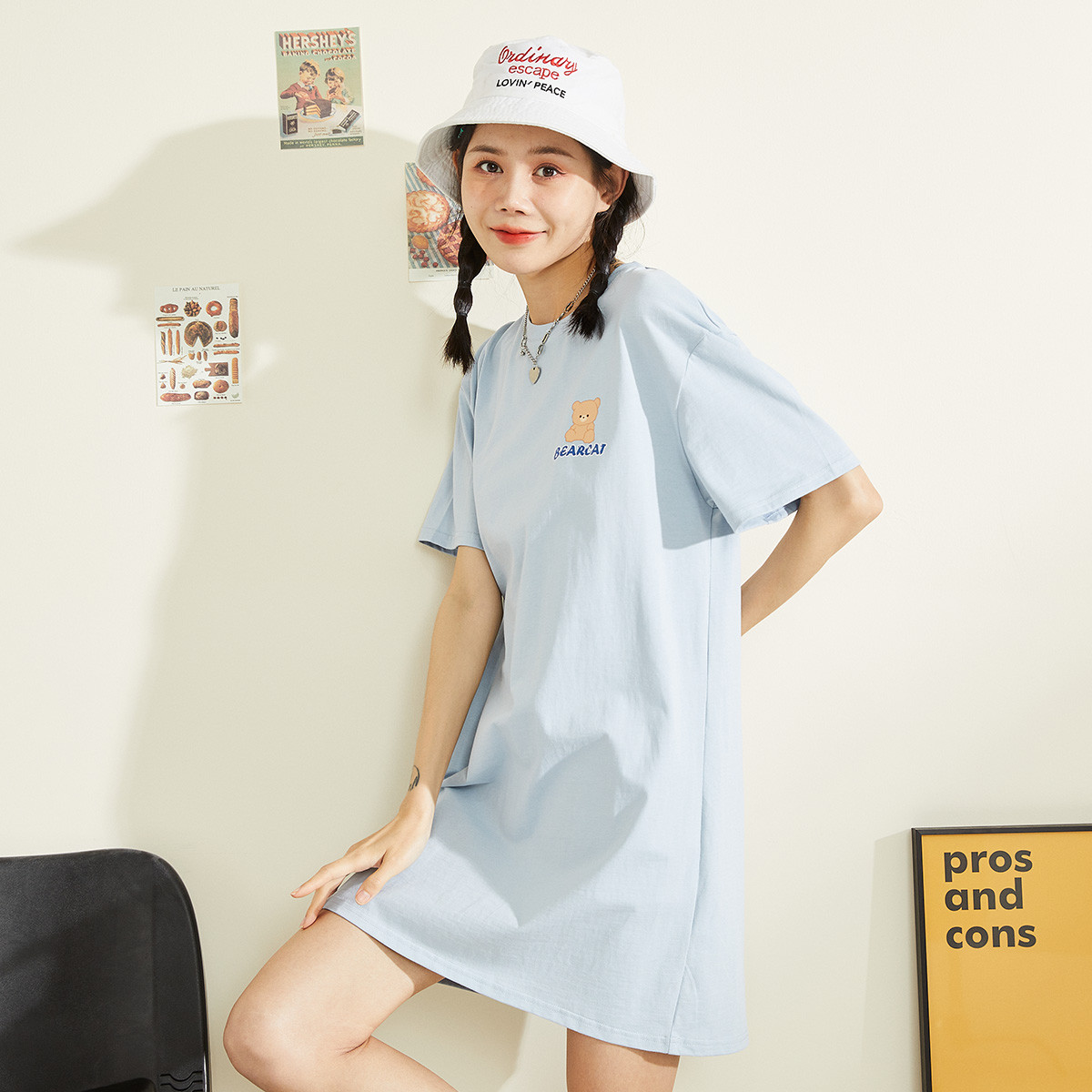 [1.5折价57元]唐狮夏季连衣裙女可爱发泡印花短袖T恤长裙休闲服潮