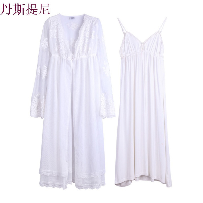 睡衣女春秋睡袍两件套性感带睡裙夏长袖网纱薄款宫廷公主风浴袍