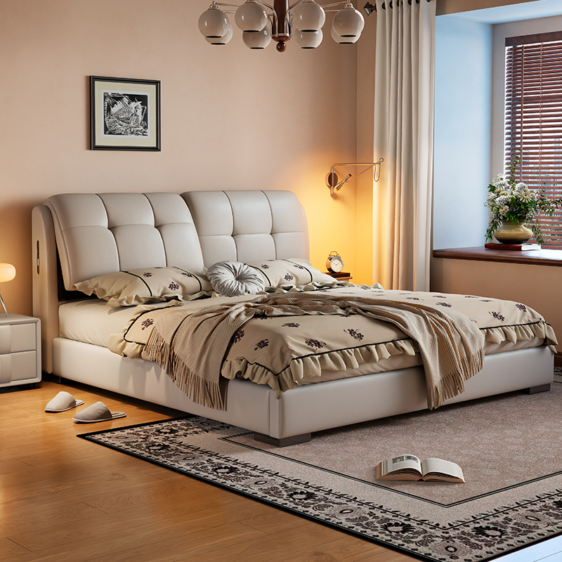 现代轻奢真皮床高级感简约家用次卧1.5米软包床主卧室储物网红床高清大图