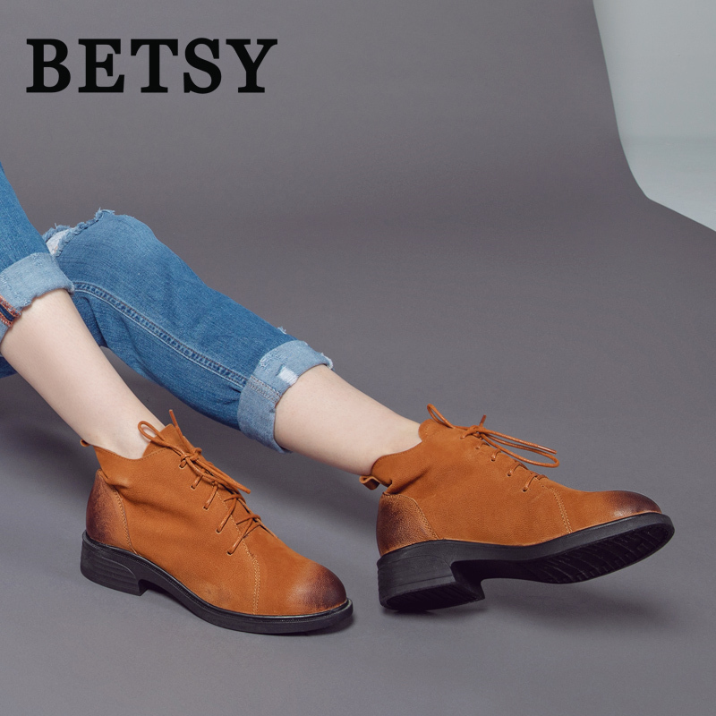 BETSY 磨砂牛皮拼接短靴女鞋高跟系带圆头中跟粗跟靴子马丁靴踝靴欧美复古英伦2018秋冬真皮女靴