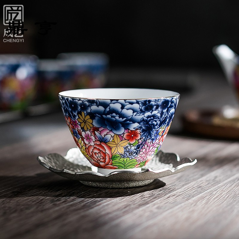 鼎亨珐琅彩品茗杯主人杯陶瓷功夫茶具单杯小茶杯青花瓷景德镇描金