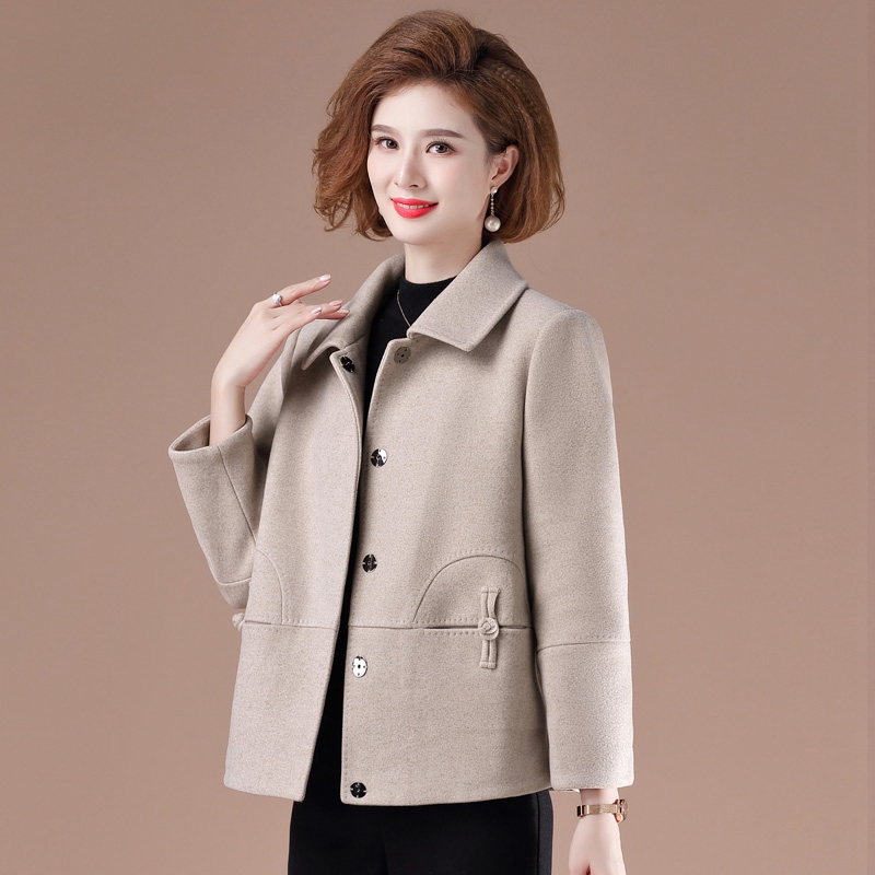 恒源祥中年妈妈秋装羊毛呢外套2024新短款中老年女春秋双面呢上衣 L建议85-105斤 米色外套