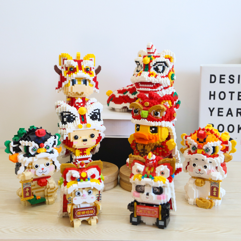 新年系列拼装积木玩具摆件中国风舞醒狮小颗粒男女孩系列礼物