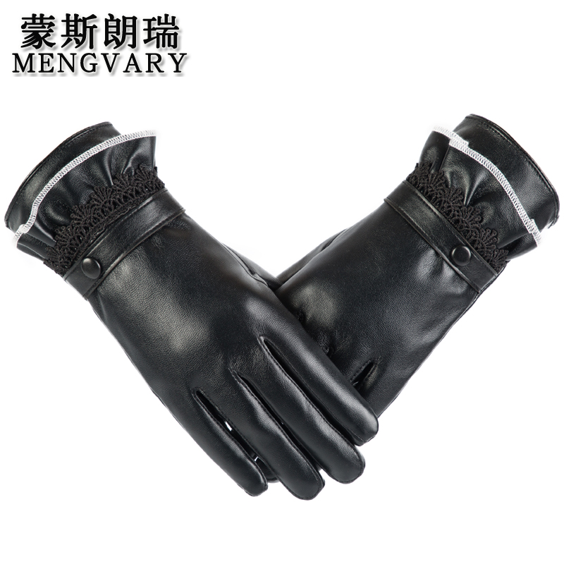 蒙斯朗瑞 保暖手套女士秋冬季加绒皮手套韩版开车触屏手套户外骑车手套冬防风 黑色
