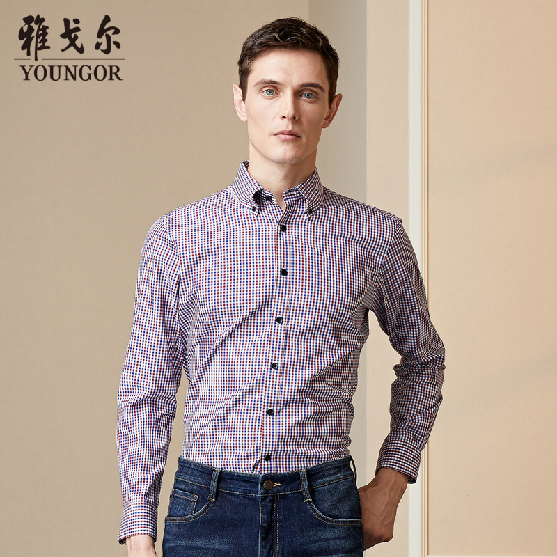 Youngor/雅戈尔长袖衬衫男2019年秋季格纹商务休闲衬衫
