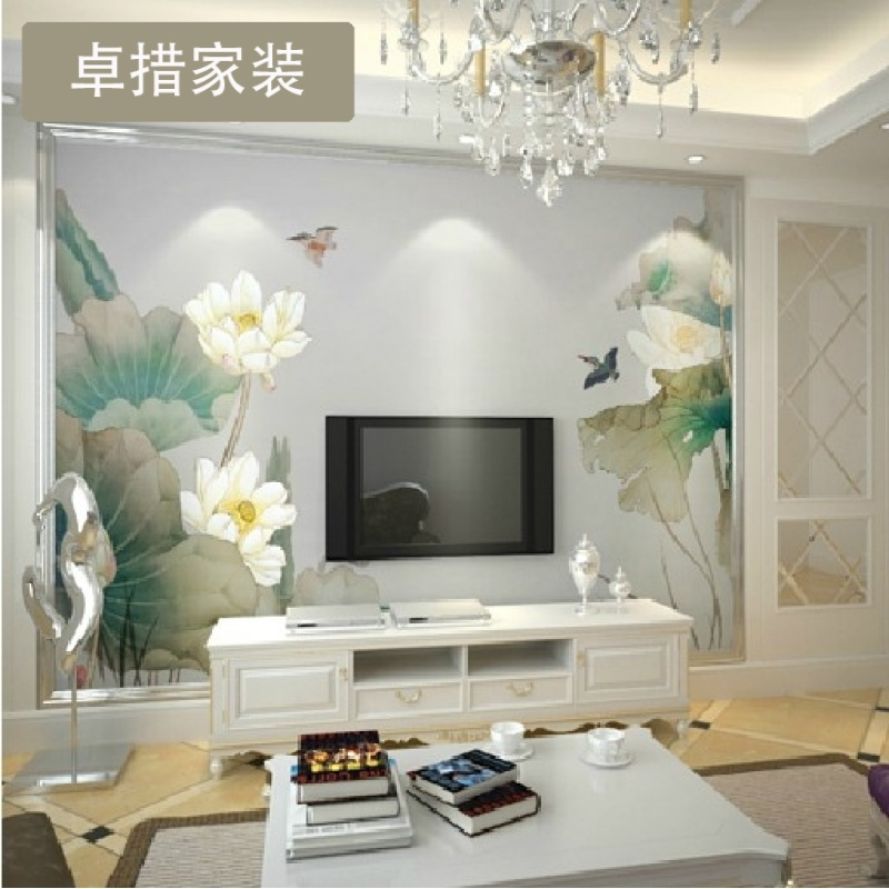 定制 电视背景墙纸壁纸客厅现代中式荷花壁纸大型壁画墙布影视墙壹德壹