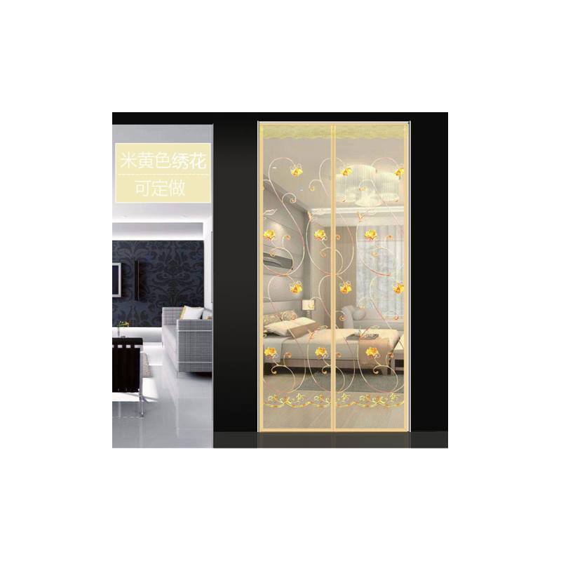 自动磁性软纱门磁铁魔术贴防蚊高档卧室帘免打孔门帘家用客厅加密 米黄静音刺绣款送1卷魔术贴 120x220cm