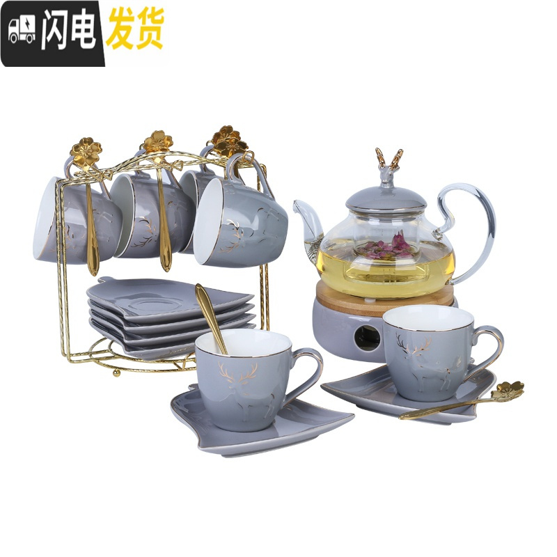 三维工匠英式北欧风陶瓷玻璃花茶具套装煮水果花茶壶下午茶茶具蜡烛可加热 灰色小鸟套6(送蜡烛勺子铁架)
