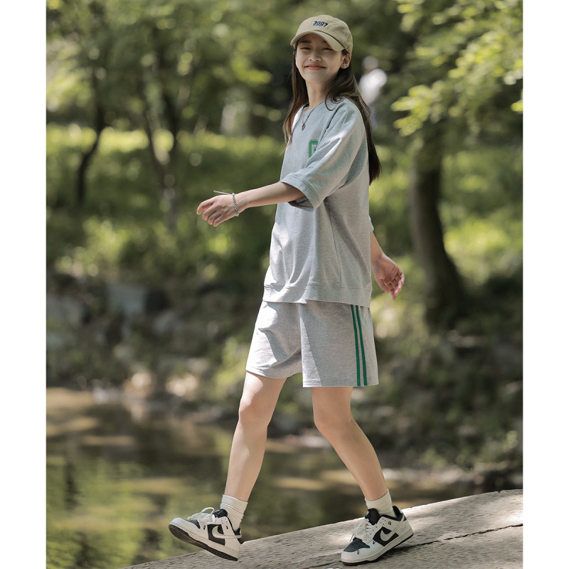 [1.5折价76元]唐狮女夏季韩版休闲圆领前胸字母长袖T恤短裤