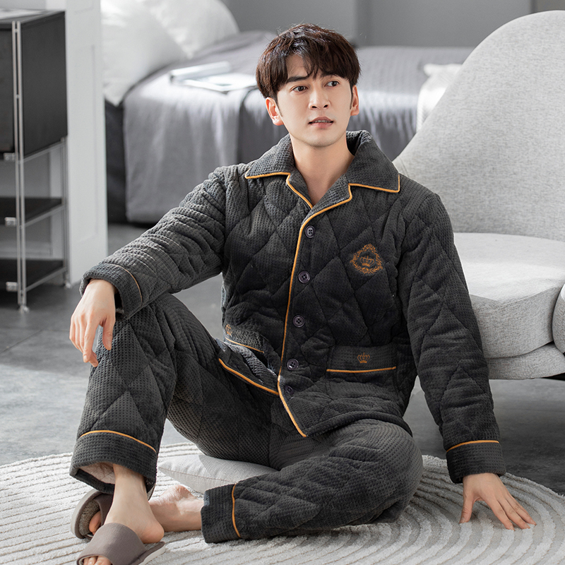 南极人睡衣男款冬季加厚加绒珊瑚绒三层夹棉保暖家居服套装可外穿