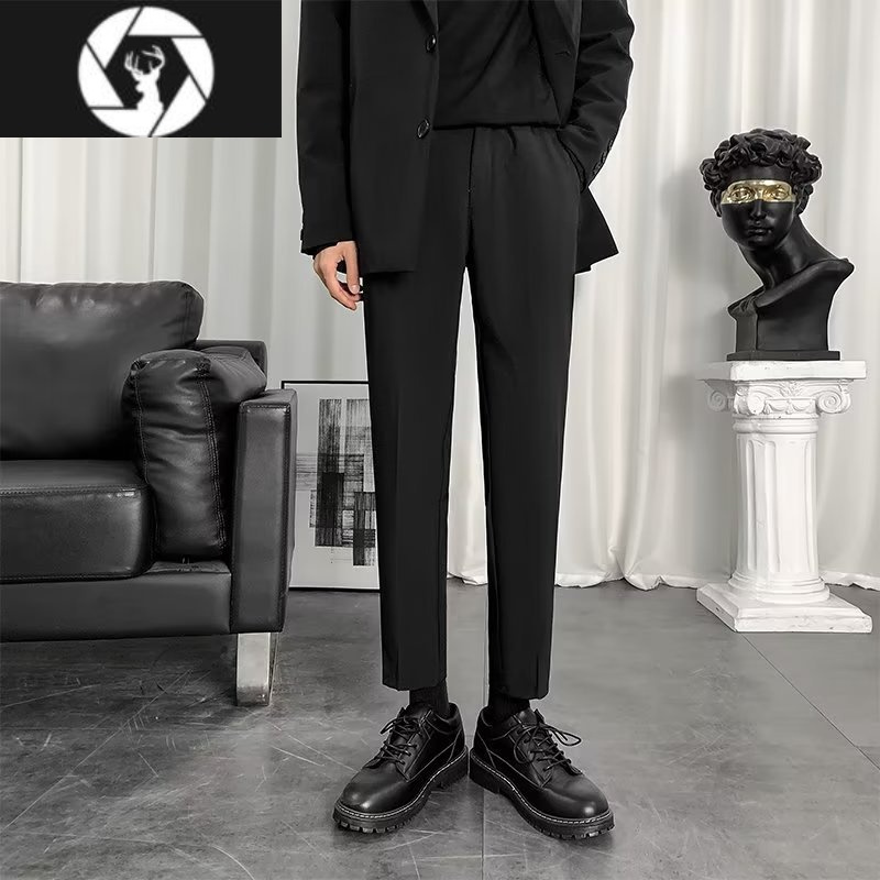 hongzun男士垂坠感黑色西裤夏季薄款宽松休闲九分裤修身西装长裤