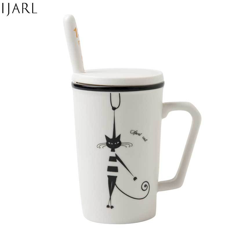 亿嘉IJARL 陶瓷带盖带勺子杯子简约咖啡杯大容量创意个性情侣水杯马克杯 猫国物语 sport cat套杯